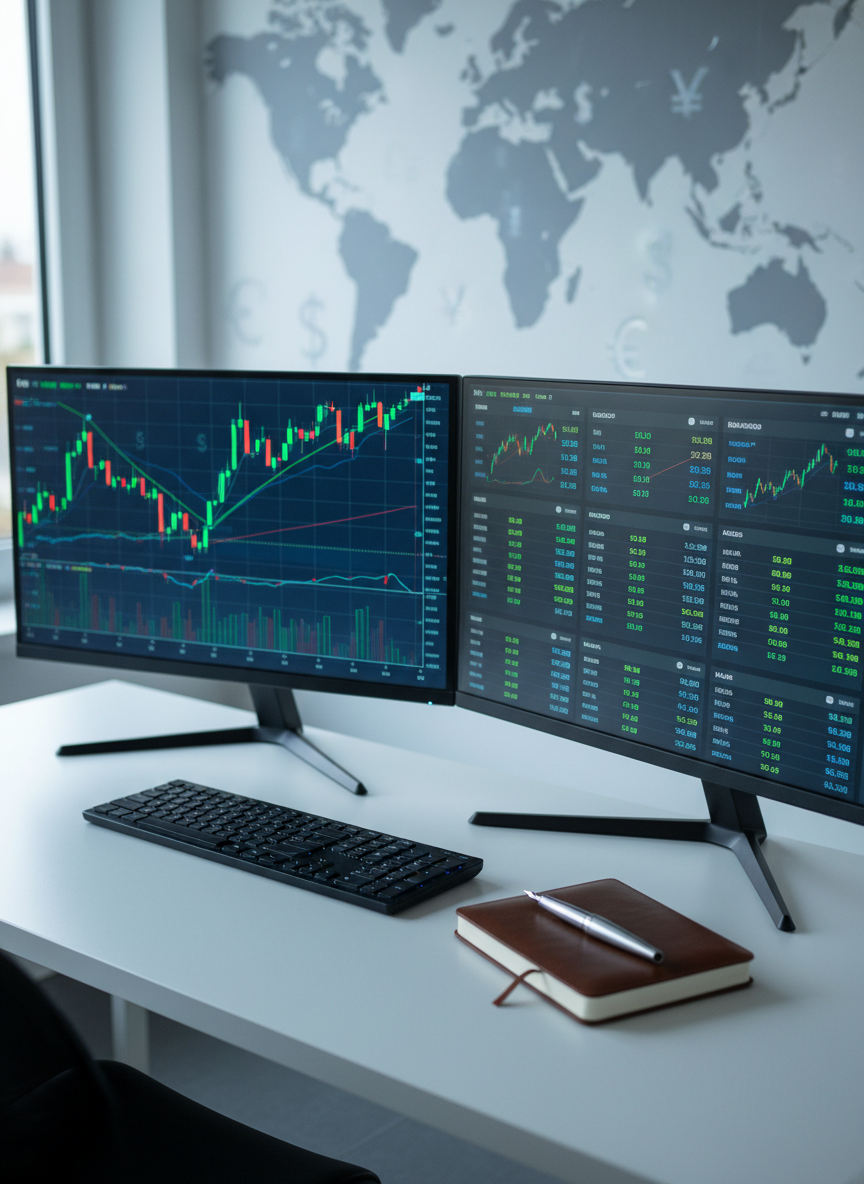 A sleek dual-monitor trading workstation displaying detailed Forex charts, candlestick patterns, and currency pair dashboards in crisp blues and greens. The setup sits on a clean, matte white desk with a slim mechanical keyboard and a closed leather-bound notebook beside a chrome pen. In the background, a large world map with subtle currency symbols is slightly out of focus. Cool daylight from an unseen window washes across the scene, creating soft reflections on the monitor bezels and gentle shadows under the desk accessories. Photographic realism, captured from a slightly elevated angle with a shallow depth of field, conveying a professional, organized, and analytical atmosphere suitable for a Forex education homepage hero image.