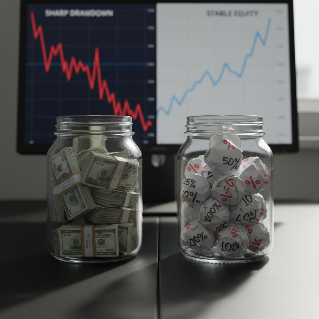 A dramatic, side-by-side comparison of two crystal-clear glass jars on a smooth black surface: one jar filled with neatly stacked miniature currency notes symbolizing controlled risk, the other containing scattered, crumpled paper labeled with percentages representing unmanaged losses. Behind them, an out-of-focus Forex chart on a monitor shows a sharp drawdown on one side and a stable, upward-trending equity curve on the other. A single directional light from the right creates strong contrast, highlighting the textures of the glass and paper and casting defined shadows. Photographic realism with a low-angle perspective and shallow depth of field, evoking a serious, cautionary mood about the consequences of poor risk management.