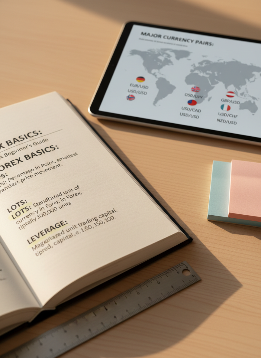 A close-up of an open textbook on Forex basics lying on a light oak desk, its pages filled with neatly printed definitions of pips, lots, and leverage, with key terms highlighted in pale yellow. Beside it, a tablet shows a clean, modern infographic of major currency pairs and their abbreviations. A silver metal ruler and a stack of sticky notes in muted pastel colors add subtle academic detail. Soft afternoon light filters in from the left, casting gentle, elongated shadows and giving the paper a warm tone. Photographic realism, eye-level composition with sharp focus on the text, creating a calm, studious mood ideal for explaining foundational Forex terminology.