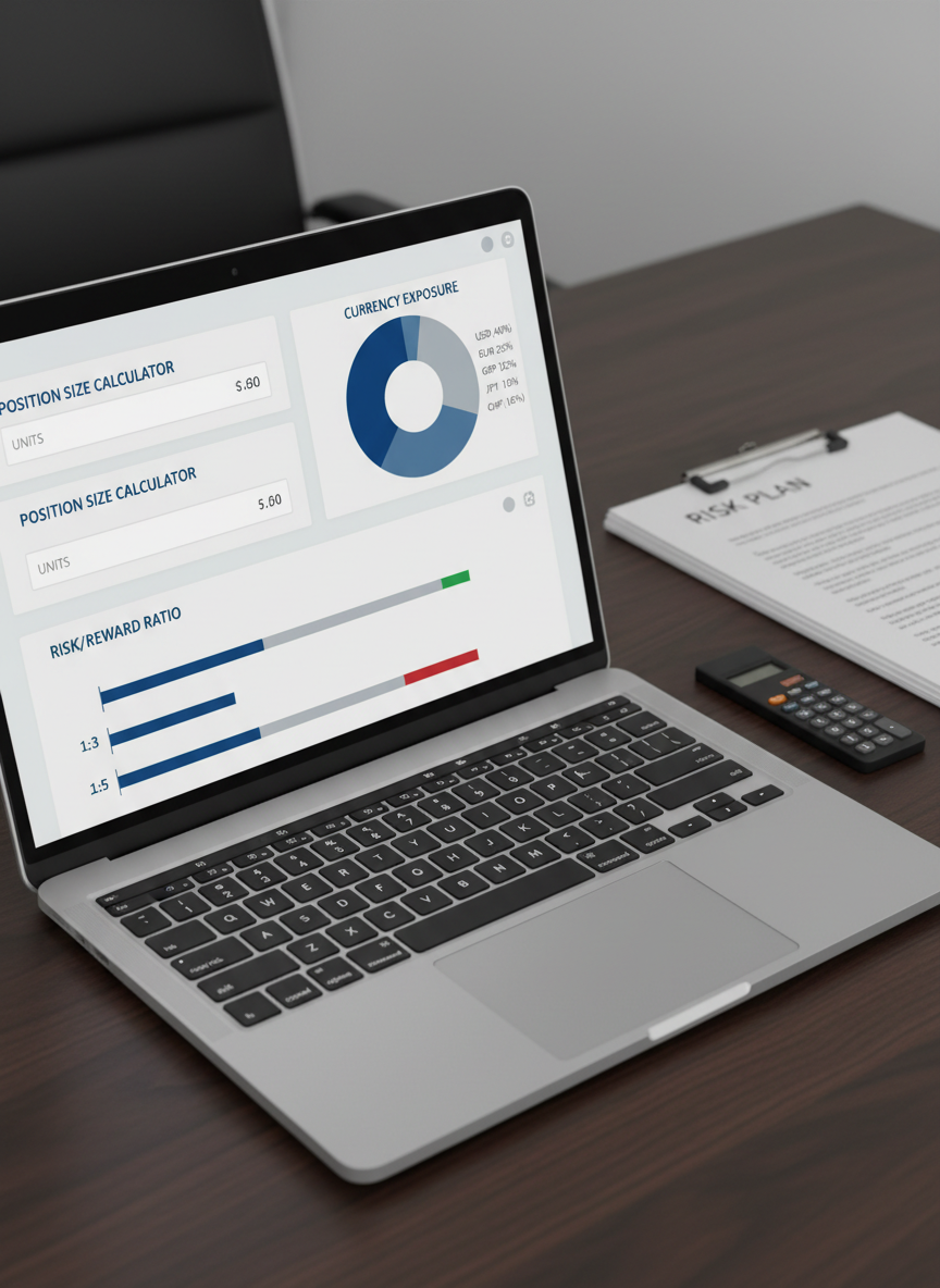 A minimalist risk management dashboard displayed on a high-resolution laptop screen, featuring clear position size calculators, risk/reward ratio bars, and a pie chart illustrating diversified currency exposure in cool blues and neutral grays. The laptop rests on a dark walnut desk with a single, slim-line calculator and a tidy stack of printed risk plans clipped together with a black binder clip. Overhead diffused office lighting produces soft, even illumination with minimal glare, emphasizing clarity and precision. Photographic realism, framed using the rule of thirds with the laptop slightly off-center, creating a disciplined, methodical atmosphere that underscores the importance of structured risk management in Forex trading.